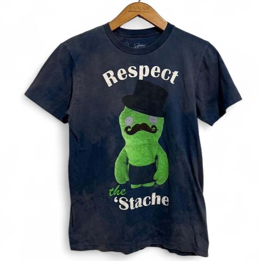 MF Respect the Stache Graphic T-Shirt Medium Blue Acid Wash Novelty Tee